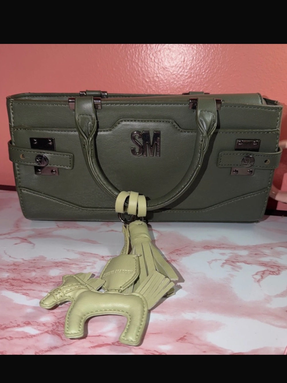 Steve Madden Olive Green Satchel with Mint Tassel Charm